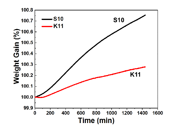 열중량분석에 의한 500℃, Dry air 조건에서 S10, K11 소재의 유지시간에 따른무게변화
