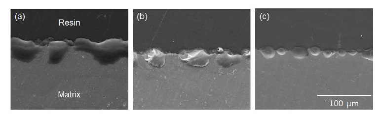 주사전자현미경에 의한 500℃, Dry air 조건에서 산화된 시료별 산화층의 단면. (a) S10, (b) K11, (c) K31
