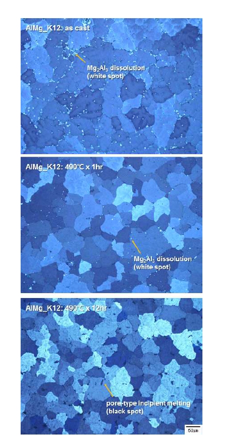 AlMg_K12의 균질화 열처리 조건 별 미세조직 관찰 결과
