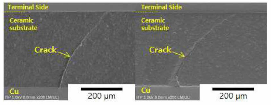 SEM images of cracked ceramic substrate after ultrasonic bonding