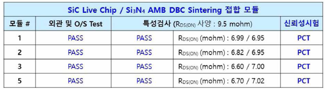 Pressureless Sintering 공법적용 SiC Live Die/Si3N4 AMB DBC를 사용한 SiC MOSFET 2-Pack Semi-Module의 Rds(on) 특성즉정 결과 (Power Cycle 시험용 모듈)