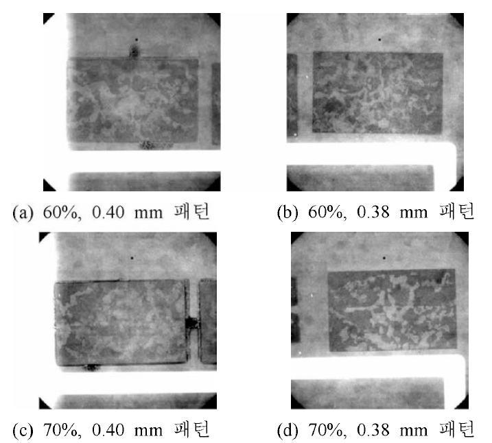 70%/60% 면적에 대한 0.40, 0.38 mm 패턴 적용 TLP 접합부 X-ray 분석