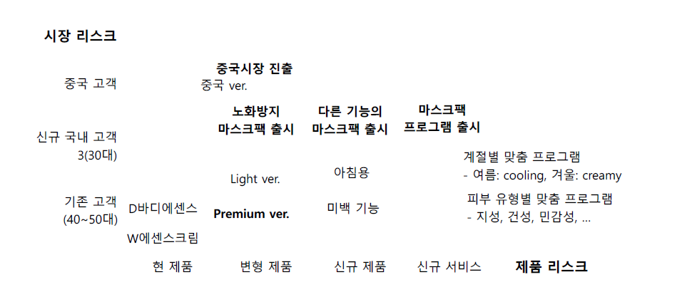 리스크 분석 기반 제품기회 분류 매트릭스(예: 마스크팩)