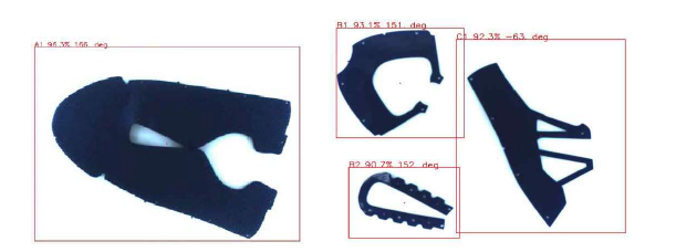신발갑피의 종류, 위치(바운딩박스), 방향각 인식 결과 예시 (패턴 공급단계)