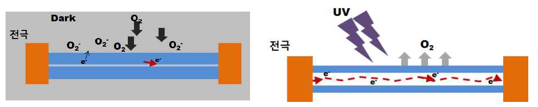 개발 대상 소자 자외선 감지기구. (좌측) Dark 상태 (우측) UV 조사 상태