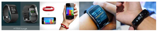 최근 국내에 출시된 웨어러블 헬스케어 관련 기기; Fitbit, Jawbone Up, Samsung Simband, LG Lifeband