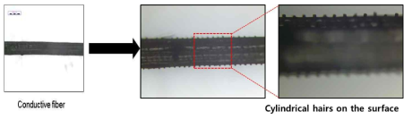 전도성 물질을 코팅한 섬유 위에 미세구조를 형성한 광학현미경 사진