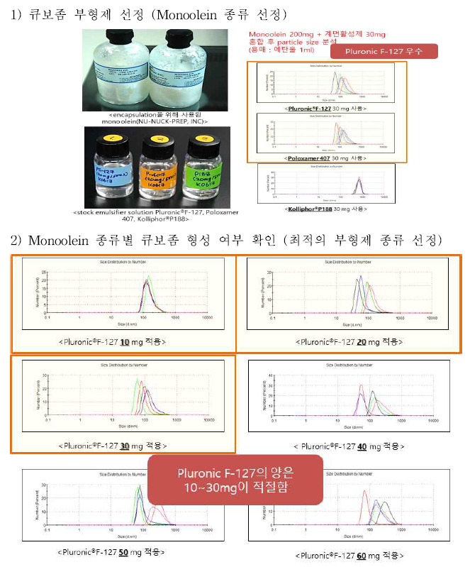 큐보좀 부형제 선정(상), particle analyzer 결과(하)