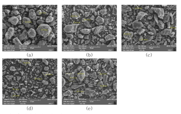 산 처리한 활성탄소의 microstructure; (a) pristine AC, (b) a-AC (RT), (c) a-AC (40 ℃), (d) a-AC (100 ℃), (e) a-AC (150 ℃)