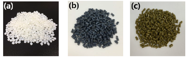 고분자 및 제조된 복합 소재 (a) resin, (b) a-AC/resin, (c) a-AC/Ag/resin