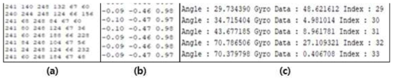 가속도 센서 데이터: (a)가속도 값, (b)중력가속도 변환 값, (c)지면으로부터 각도 및 이전 각도와의 차이