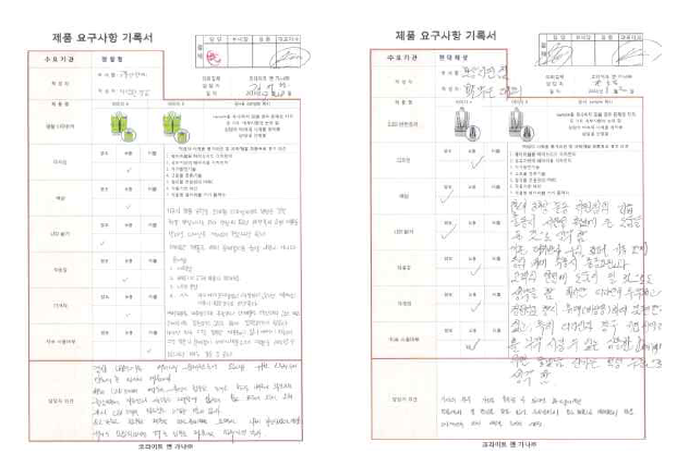 제품 요구사항 기록서(좌: 경찰청, 우: 현대해상)