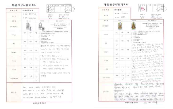 제품 요구사항 기록서(좌: 손해보험협회, 우: 삼성물산)