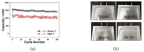 (a) 충방전 수명 특성, (b) 충방전 후 파우치 사진