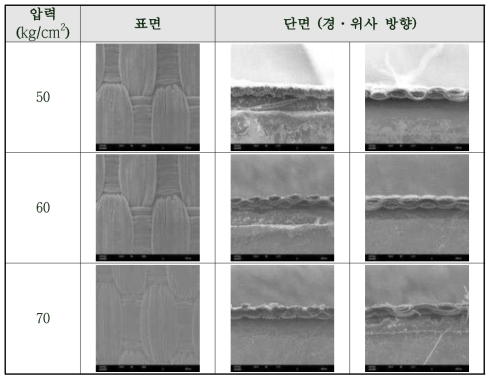 ICT01-001 calendering 압력별 실험시료 SEM 사진