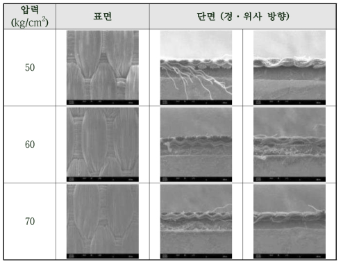 ICT01-002 calendering 압력별 실험시료 SEM 사진>