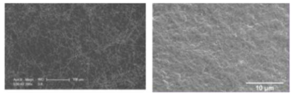 전기 방사로 만든 AgNW web(좌), 전기수력학 프린팅된 PEDOT:PSS 전극(우)