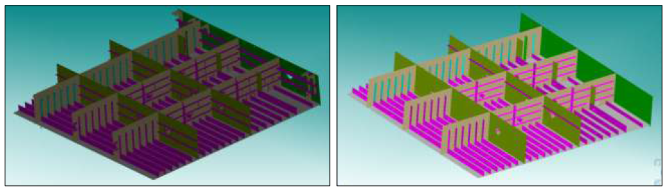 모델 보정 작업 전(좌)과 후(우)의 블록(단위블록) 형상