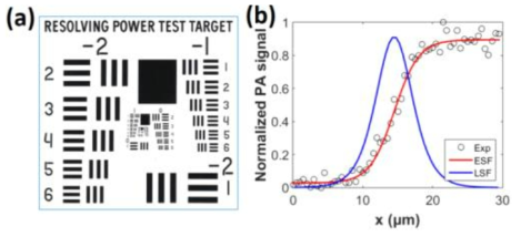 (a) air force targe (b) lateral resolution measurement (ESF)