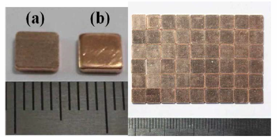 (좌) : Overlay Clad 후 타발 제품 사진 (a) 전면, Ta-Cu -접점 표면부분, (b) 후면 Cu - 단자(electric substrate)접착부분 (우) : Overlay Clad 타발 후 제품 사진- 본 제품 활용 단자에 접착