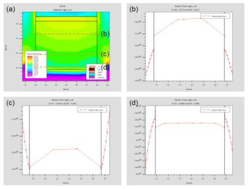 (a) 수직메사구조 내 전기장 분포, (b)-(d) (a)에 표시된 cutline에서 전기장 분포