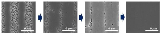사파이어 기판위에 BN pattern을 적용하여 성장된 AlN의 성장 시간에 따른 표면 SEM