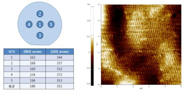 사파이어 위치에 따른 AlN의 XRD 반치폭 및 AFM 표면 사진