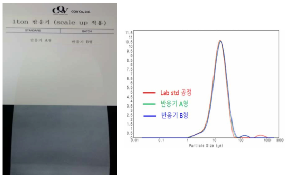 형태가 다른 1ton반응기 A, B형 scale up 적용에 따른 입자 분포