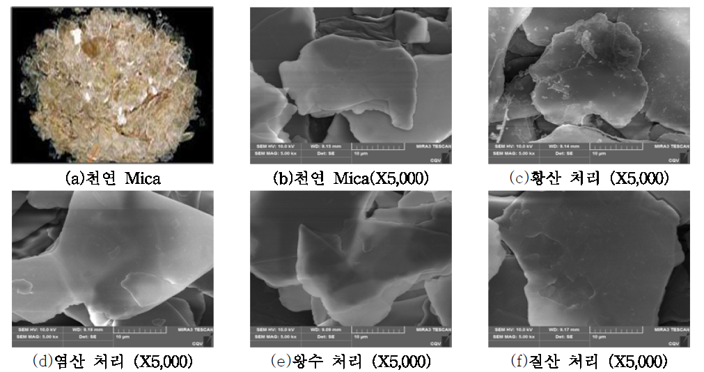 천연 마이카 사진 및 산처리에 따른 입자 표면 변화 관찰