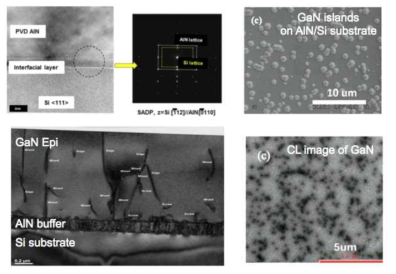 Sputtered AlN 버퍼층과 GaN 에피층의 연구결과들. Veeco社(좌) 그리고 동경대(우)