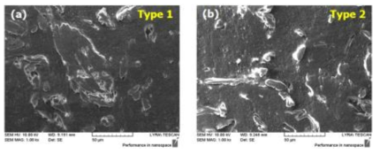 Screw type 변화에 따른 PP/S-CNF/Lig. 복합소재 파단면의 FE-SEM 관찰 결과: (a) type 1, (b) type 2