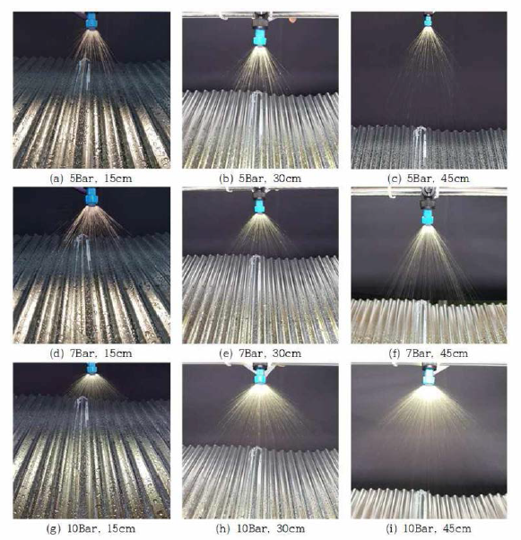 압력조건 및 높이조건에 따른 노즐 분사 형태