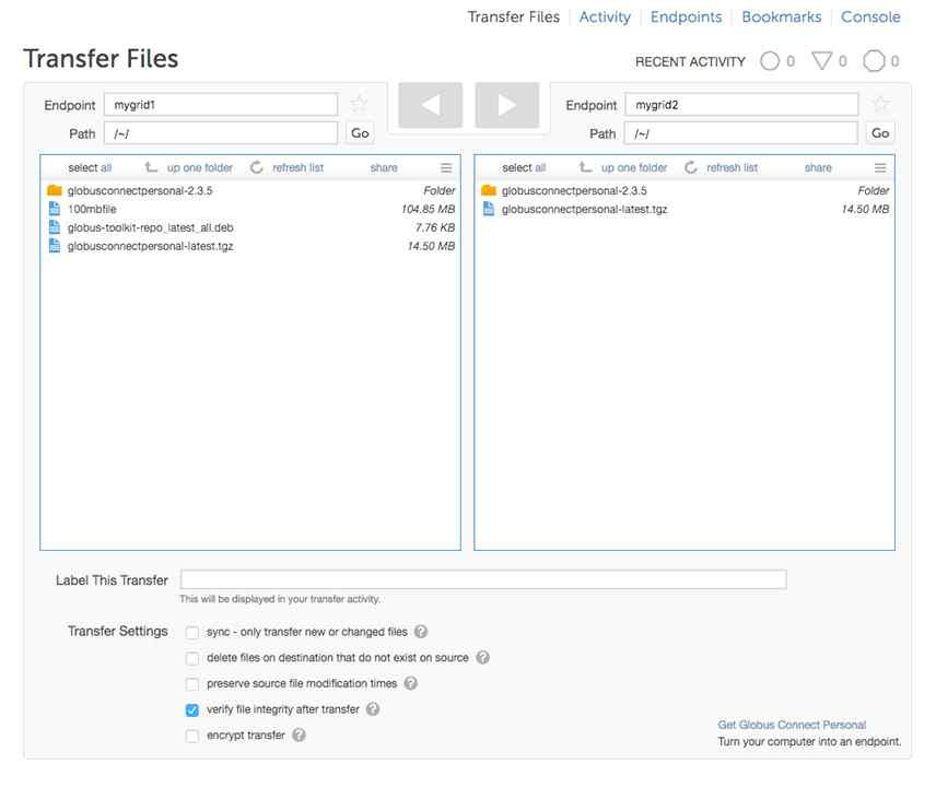 globus.org에서의 파일전송 화면 엔드포인트가 등록되면, NGS 장비의 파일 현황을 확인하고, 제3의 위치에서 파일 전송을 제어할 수 있음