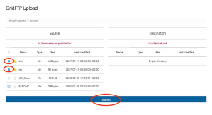 GridFTP 파일 전송. Submit 버튼을 눌러 업로드 진행