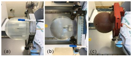 감마나이프 물 흡수선량 측정을 위해 (a) 반경 7.88 cm인 polystyrene phantom, (b) 자체 제작한 총 반경 8.0 cm, 두께 0.5 cm인 polystyerne 재질의 구형 물 팬텀 (c) 제작사에서 제공한 반경 8 cm인 solid water 팬텀을 각각 서울대학교병원 아이콘에 장착한 모습