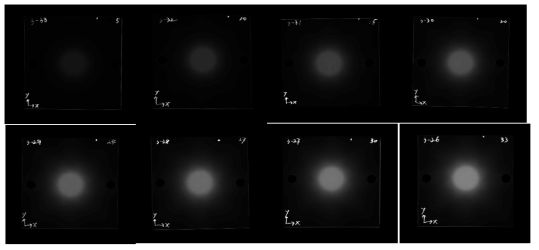 감마나이프 선량분포의 선량의존성을 확인하기 위해 EBT3 필름에 방사선을 조사한 예. 윗줄 왼쪽부터 5, 10, 15, 20Gy. 아래 줄 왼쪽부터 24, 27, 30, 33 Gy