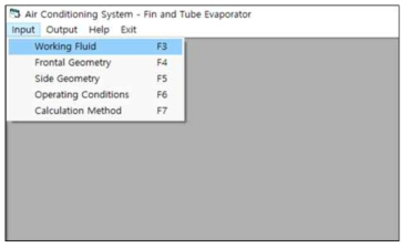 Fin and Tube Type 증발기 해석 프로그램의 Pull-down 메뉴