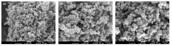 마그네슘 합금 칩 코팅에 사용한 입도가 (a) 19nm, (b) 27nm, (c) 35nm인 carbon black의 SEM 사진