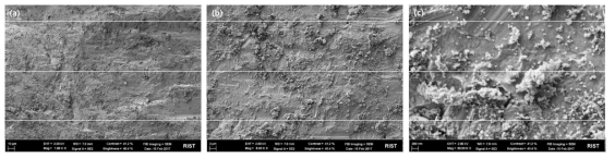 입도 27nm의 탄소분말로 코팅한 마그네슘 합금 칩 표면 형상 (a) 1,000배, (b) 5,000배, (c) 50,000배로 관찰한 SEM 사진
