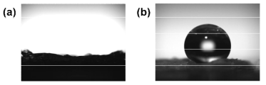 Octylamine 처리한 나노셀룰로오스 구조체의 접촉각 (a)처리 전, (b)처리 후