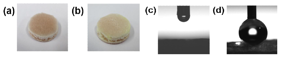 Al3+이온으로 제작된 나노셀룰로오스 다공성 aerogel의 (a)실란 처리 전 과 (b)후 사진, 실란처리 (c)전 과 (d) 후의 물방울에 대한 접촉각 사진