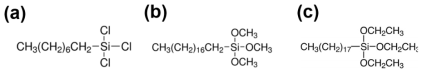(a)Trichloro(octadecyl)silane (b)Trimethoxy(octadecyl)silane (c)Triethoxy(octadecyl)silane의 구조식