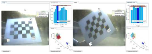 Calibration 프로그램을 활용한 카메라 내부 파라미터 확보 reprojection을 통한 초기 calibration 작업 후 Error 가 큰 image 제거(좌) 최종 calibration 완료(우)