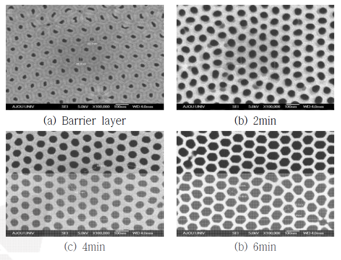 Pore widening 공정에 따른 기공 변화