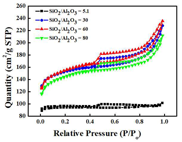 SiO2/Al2O3 비율에 따른 제올라이트 나노섬유의 식각 후 비표면적 분석