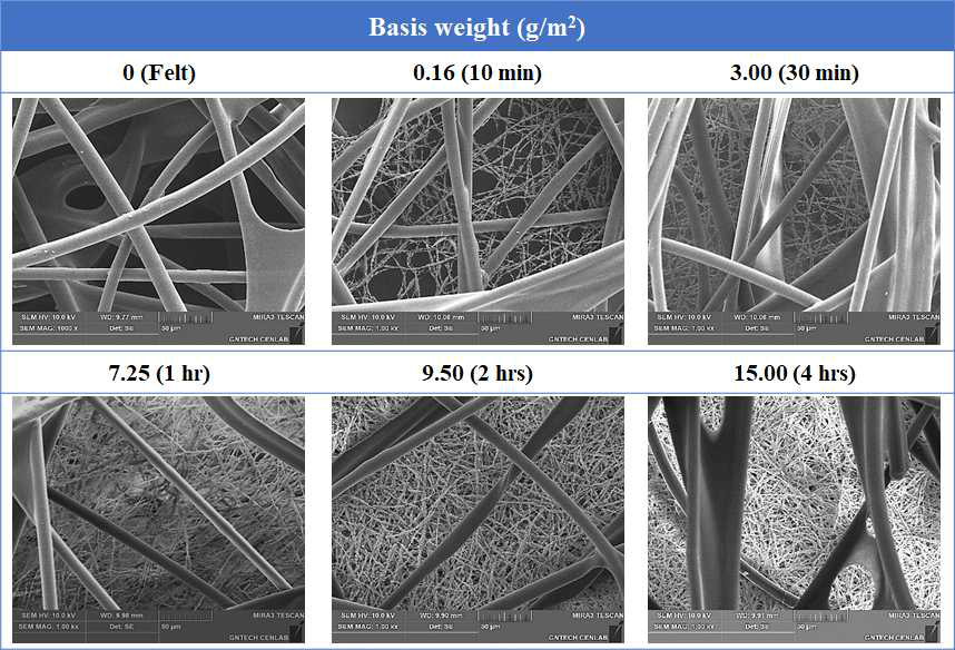 Basis weight별 제올라이트 나노섬유 pre-filter의 SEM 이미지