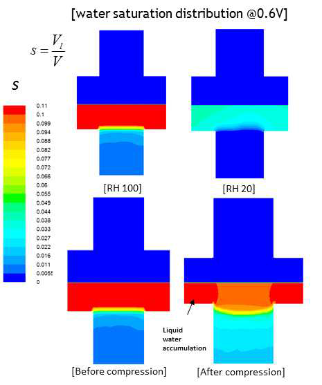 0.6V 상대 습도 RH 100, RH 20 조건에서의 체결에 의한 물의 응축 분포 변화 예측