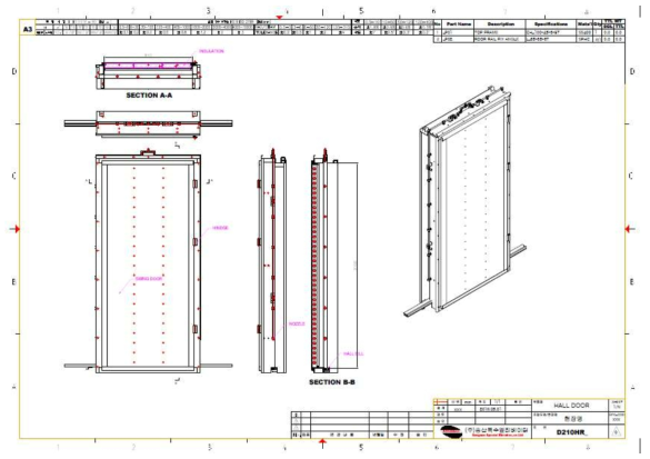 엘리베이터 시스템 보호용 방화문의 1단계 개발 최종 설계도 (2시간 차열/차염 성능을 갖춤)