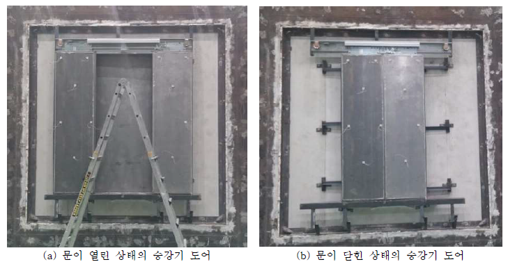 성능시험을 위해 시멘트로 양생한 승강기 도어 시제품