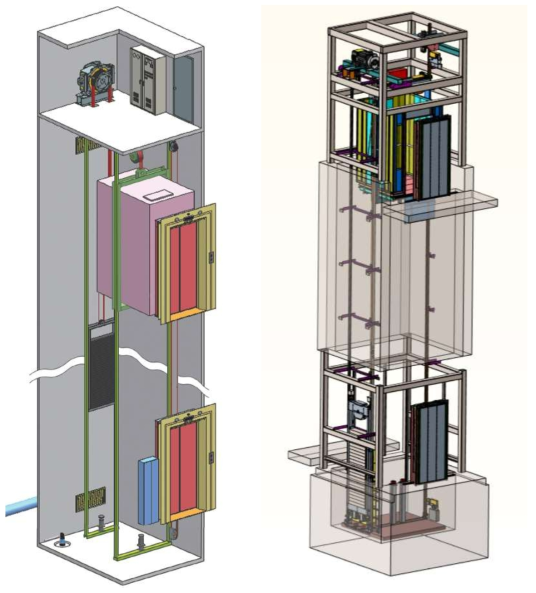 화재 구조용 비상구난 승강기 개발개념도(좌) 및 실제 개발한 시제품의 도면(우)